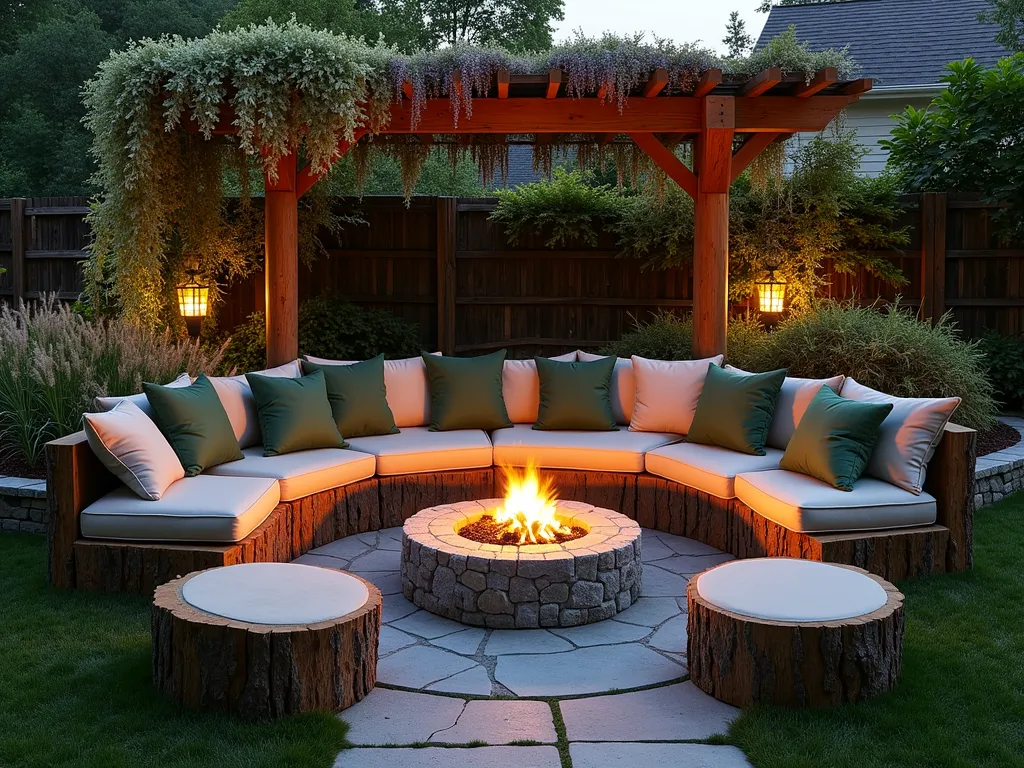 Rustic Log Circle Fire Pit Garden Retreat - A cozy garden seating area at dusk featuring a circular arrangement of 6-8 naturally weathered, stripped oak logs positioned around a stone fire pit. Soft amber light from the fire illuminates the intimate space, while comfortable beige and forest green outdoor cushions rest on the sealed log seats. The surrounding garden showcases ornamental grasses and native ferns swaying gently in the background. Stone pathway leading to the seating area, with warm LED landscape lighting creating a magical atmosphere. Wide-angle shot capturing the entire circular arrangement with the fire pit as the focal point, smoke rising gently into the evening sky. Natural wooden pergola overhead draped with climbing wisteria adds vertical interest.