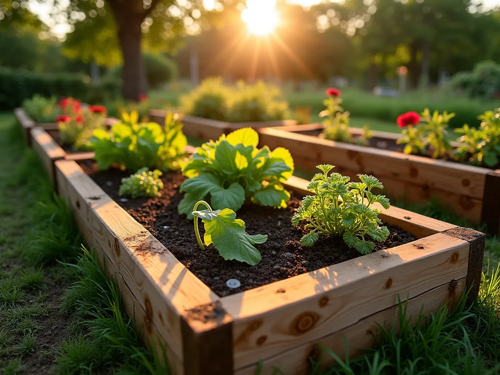 Rustic Log-Edged Garden Beds at Sunset - A picturesque wide-angle shot of raised garden beds framed with weathered, halved cedar logs, captured during golden hour. The beds showcase thriving vegetables and flowering plants. The natural wood borders create elegant geometric patterns across the garden space, with rich soil visible above the log edges. Soft sunset light casts long shadows across the beds, highlighting the organic texture of the treated logs. Background features mature trees and garden greenery. Shot at f/2.8 with shallow depth of field, creating a dreamy bokeh effect while maintaining sharp detail on the log construction. Natural wood grain and moss details visible on the logs, suggesting established garden character.