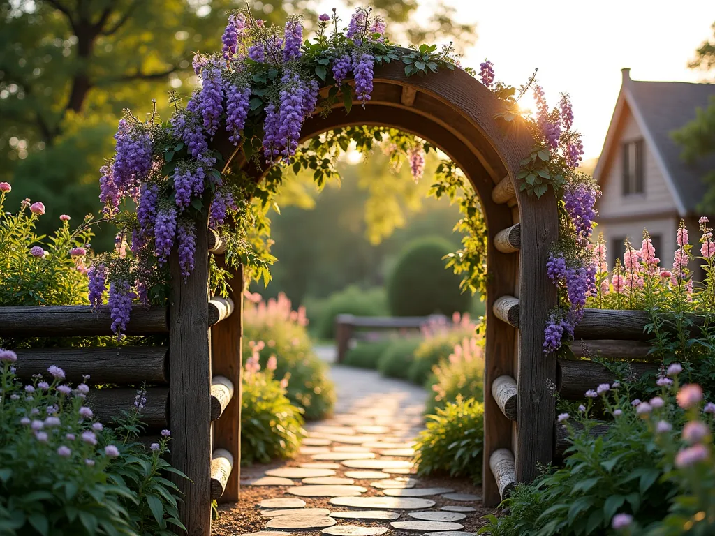 Enchanting Log Garden Archway at Sunset - A majestic garden archway constructed from meticulously stacked natural wooden logs, creating a rustic yet elegant entrance. The arch spans 8 feet wide and reaches 9 feet tall, with weathered logs varying in size arranged in a perfect curve. Purple wisteria and climbing roses gracefully wind their way up both sides, their blooms cascading down the structure. Captured during golden hour, with warm sunlight filtering through the arch, casting intricate shadows on a natural stone pathway below. The background shows a lush cottage garden with soft-focus perennials. Wide-angle perspective showcasing the entire structure within its garden setting, with subtle depth of field highlighting the craftsmanship of the log construction.