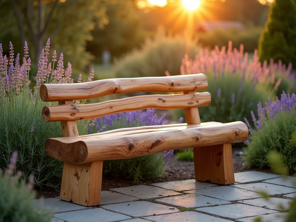 Rustic Log Garden Bench at Sunset - A beautifully crafted split log garden bench photographed during golden hour, showcasing ergonomic design with a gentle reclined backrest made from polished wooden planks. The bench features naturally curved legs cut from the same log, maintaining organic shapes. Situated in a peaceful garden setting with lavender and ornamental grasses swaying in the background. Soft sunset light filters through nearby trees, casting warm shadows across the smooth-finished log surface. The bench is positioned on a natural stone patio, surrounded by mixed perennial borders. Shot from a three-quarter angle to highlight both the craftsmanship and garden setting, using a 16-35mm lens at f/2.8, creating a dreamy bokeh effect in the background while maintaining sharp detail on the bench's natural wood grain texture.