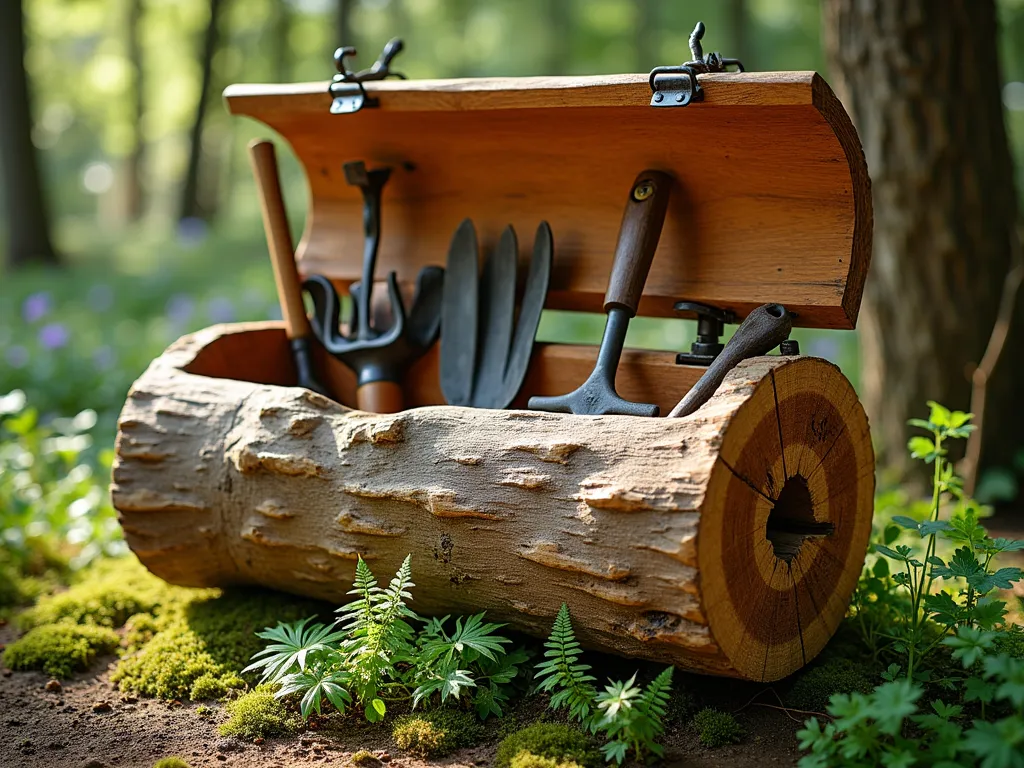 Rustic Log Garden Tool Storage Station - A stunning close-up photograph of a beautifully crafted garden tool storage made from a large hollowed-out oak log, positioned against a lush garden backdrop. The log, weathered to a rich honey color, features carefully carved compartments holding an array of garden tools. A handcrafted wooden hinged lid with vintage iron hardware protects the contents. Early morning sunlight filters through nearby trees, casting dappled shadows across the rustic storage piece. Small ferns and moss growing naturally around the base add organic character. Professional DSLR photo with wide-angle lens, f/8 aperture, capturing rich details and natural lighting at ISO 100, 1/125 shutter speed.