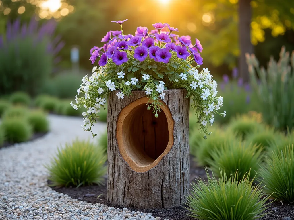 Rustic Log Pedestal Planter with Cascading Flowers - A stunning garden vignette featuring a 4-foot tall natural wood log pedestal planter, expertly hollowed out with weathered bark texture intact. The log stands prominently in a contemporary garden setting during golden hour, with warm sunlight filtering through trees. The top of the log features a deep natural cavity filled with vibrant purple trailing petunias and white lobelia cascading down its sides. The planter is surrounded by a neat gravel path and low-growing ornamental grasses, creating a perfect focal point. Shot from a slight low angle with shallow depth of field to emphasize the rustic texture of the log and the delicate flowers. DSLR photo with natural lighting, f/8, ISO 100, 1/125 sec.