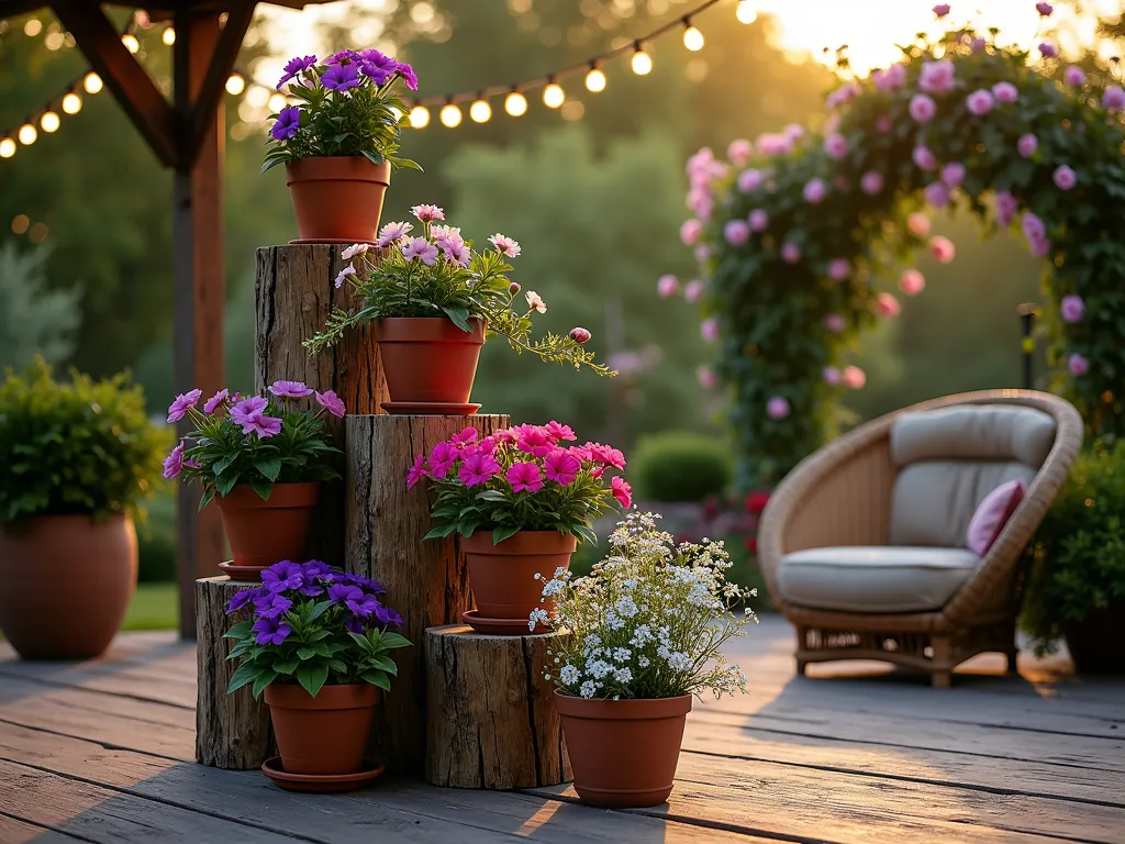 Rustic Log Plant Display Stand - A stunning dusk scene featuring a rustic tiered plant stand made from natural cedar logs cut at varying heights, arranged in a cascading pattern on a weathered wooden deck. The logs, ranging from 6 to 24 inches in height, display an enchanting collection of flowering plants in terracotta pots. Trailing purple petunias, pink geraniums, and white cascading lobelia create a waterfall effect of blooms. Soft golden hour lighting casts long shadows across the deck, while string lights twinkle in the background. A cozy wicker chair sits nearby, and climbing roses on a distant trellis complete the romantic garden setting. The composition is captured from a three-quarter angle to showcase both the depth and height of the log display.