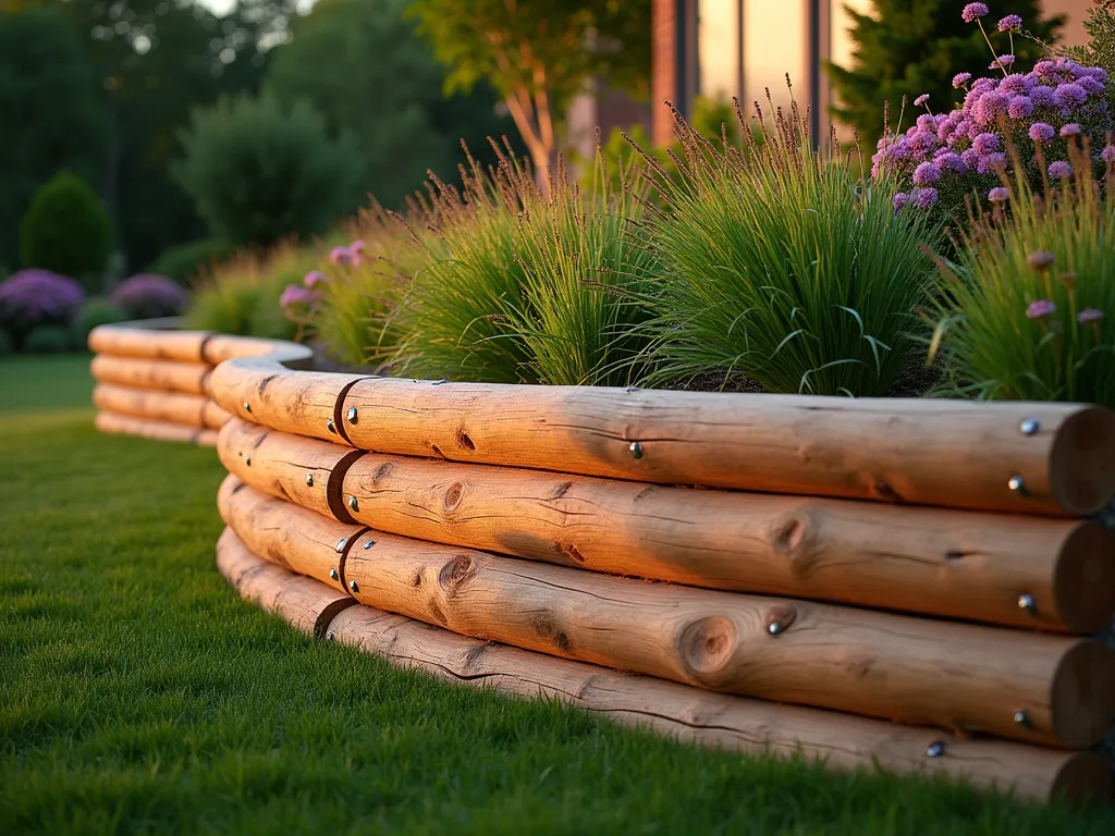 Rustic Log Retaining Wall at Sunset - A beautiful wide-angle shot of a curved log retaining wall in a backyard garden at golden hour. The wall, made from perfectly aligned cedar logs stacked horizontally, rises 4 feet high and stretches 15 feet across, holding back a gently sloping terrain. Metal rebar pins are subtly visible along the wall's length. Above the retaining wall, lush ornamental grasses and flowering perennials cascade over the edge, creating a soft contrast against the rugged wood. The logs' natural weathered texture is highlighted by the warm sunset light, casting long shadows that emphasize the wall's structural detail. Shot with a 16-35mm lens at f/2.8, capturing the rich wooden tones and the garden's depth, with the background softly blurred showing mature trees and landscape lighting beginning to glow.