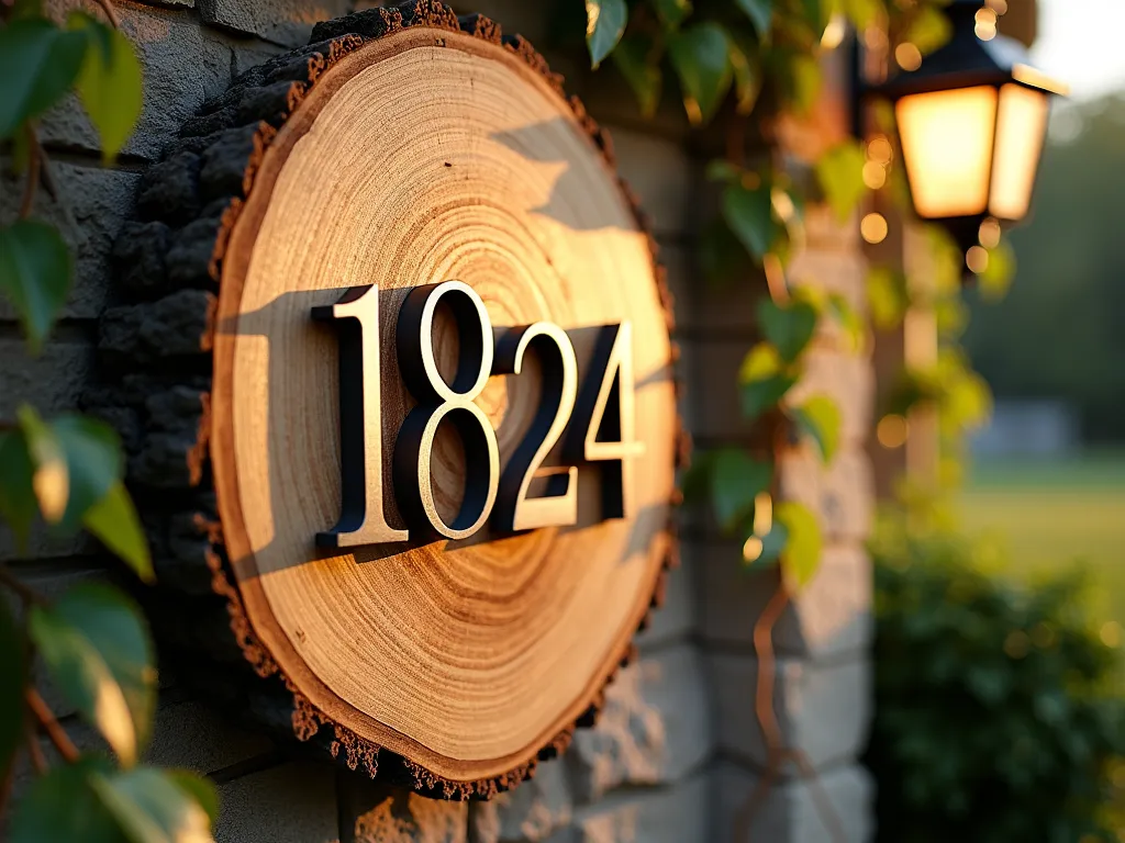 Rustic Log Slice House Numbers at Twilight - A close-up shot of a beautifully crafted, large rustic log slice mounted on a stone wall near a front porch entrance, photographed during golden hour. The log slice is approximately 24 inches in diameter with a natural bark edge and weathered wood texture. Modern brushed metal numbers '1824' are mounted on the slice, casting subtle shadows across the wood grain. Soft warm lighting from a nearby porch lantern illuminates the scene, while climbing Virginia Creeper adds organic framing around the edges. Shot with shallow depth of field focusing on the log slice numbers, with a blurred garden background featuring native ferns and hostas. Digital camera, 16-35mm lens at 35mm, f/2.8, ISO 400, capturing the interplay of golden light on the metal numbers and rich wood tones.