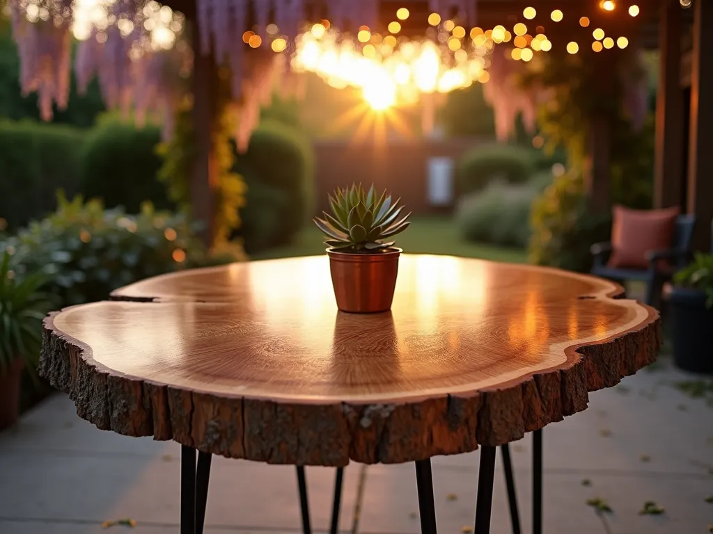 Rustic Log Slice Patio Table at Sunset - A stunning close-up view of a polished, large log slice table on a cozy patio setting at golden hour. The table features a beautifully preserved cross-section of an oak tree, showing dramatic wood grain patterns and natural rings sealed with high-gloss finish. The table stands on three black metal hairpin legs, positioned under a pergola with climbing wisteria. The table surface reflects the warm sunset light, with a simple succulent centerpiece in a copper pot. The background shows glimpses of a lush garden with string lights draped overhead, creating a magical atmosphere. Photorealistic, high detail, warm lighting, bokeh effect.