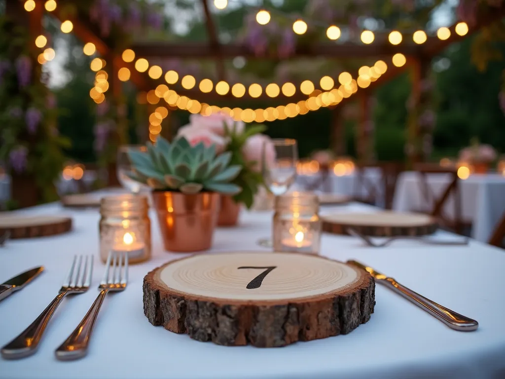 Rustic Log Slice Table Numbers at Garden Party - Close-up shot of an elegant garden party table setting at dusk, featuring a beautifully crafted natural wood log slice as a table number. The 4-inch diameter log slice sits on a white linen tablecloth, with hand-burned number '7' in elegant calligraphy style. Soft fairy lights twinkle in the background, casting a warm glow on the rustic wood. The table is set beneath a flowering pergola, with climbing roses and wisteria visible in the soft-focused background. Additional log slice table numbers are partially visible on nearby tables, creating a cohesive natural theme. A small succulent arrangement in a copper vessel complements the log slice, while tea lights in mason jars provide ambient lighting.