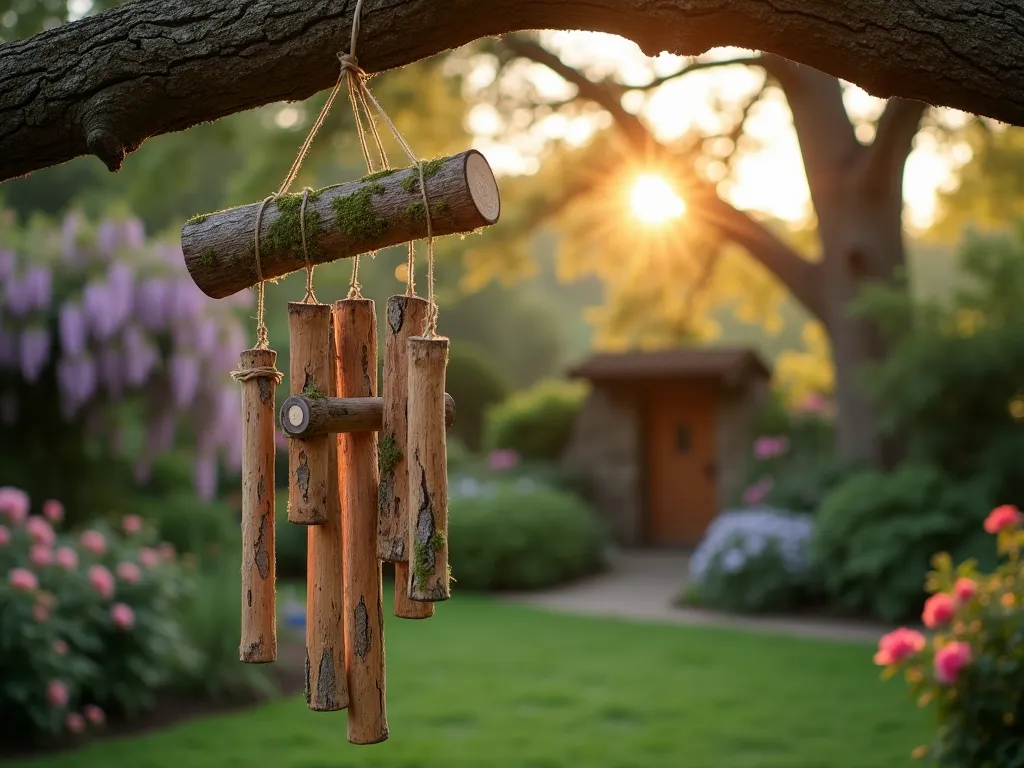 Rustic Log Wind Chimes in Garden Setting - A close-up DSLR photo capturing handcrafted wind chimes made from hollow wooden logs hanging from a mature oak tree branch during golden hour. The wind chimes feature 5-7 naturally weathered log pieces of varying lengths and diameters, suspended by natural twine at different heights. Soft evening sunlight filters through the logs, casting gentle shadows on a lush garden backdrop. The composition shows the textural detail of the bark and wood grain, with some logs featuring natural moss accents. A subtle motion blur suggests gentle movement in the evening breeze. The background reveals a cozy cottage garden setting with climbing roses and wisteria, slightly out of focus but providing context. Shot with shallow depth of field focusing on the wind chimes, creating a dreamy, atmospheric garden scene.