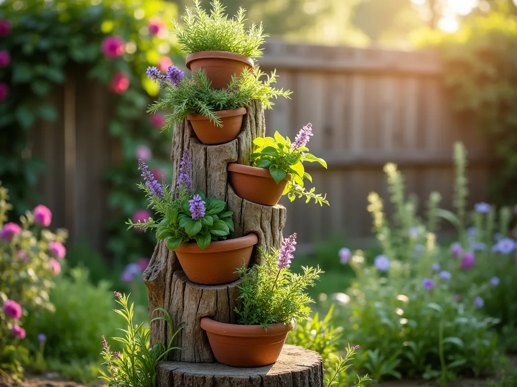 Rustic Log Vertical Herb Garden - Close-up shot of a weathered oak log standing vertically in a sunny cottage garden, carefully drilled with staggered holes filled with flourishing herbs. The log features multiple tiers of aromatic herbs including trailing rosemary, purple sage, vibrant basil, and delicate thyme spilling out of natural-looking terracotta mini-planters. Morning sunlight filters through the herbs, creating a magical glow around the structure. The background shows a blurred rustic garden setting with climbing roses and a wooden fence. Dew drops glisten on the herb leaves, adding a fresh, organic feel to the scene.