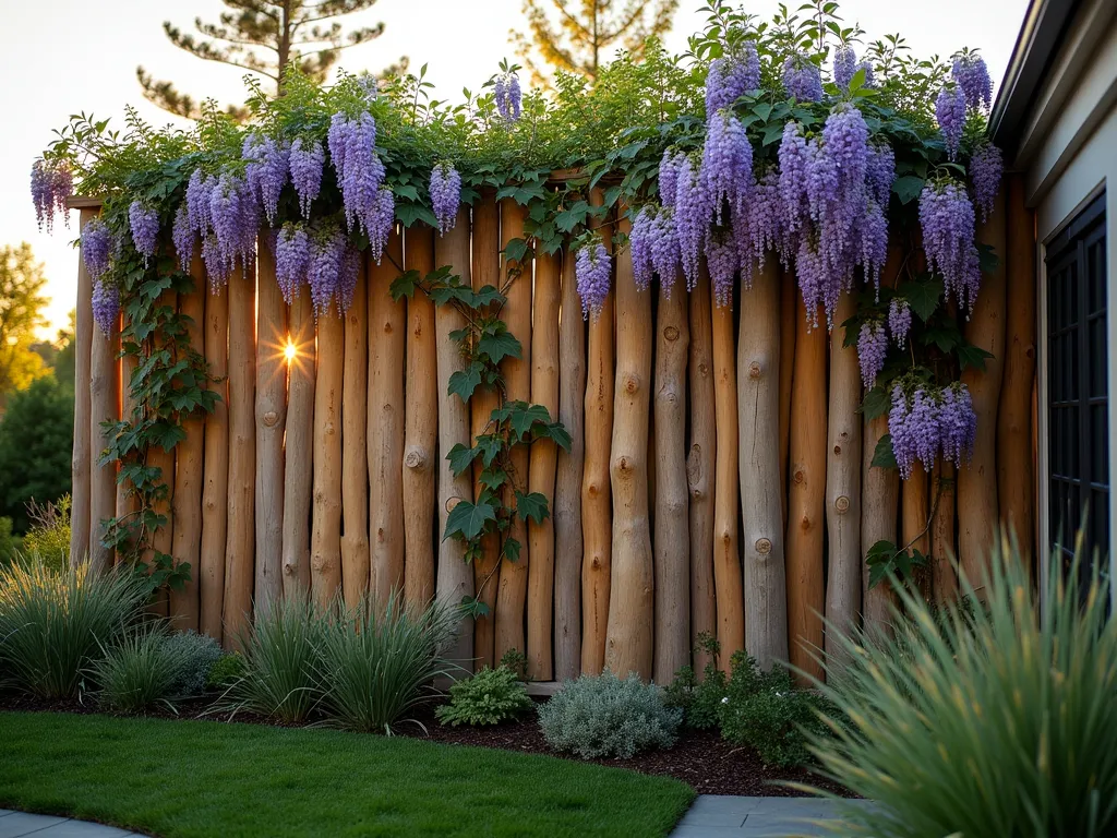 Rustic Log Privacy Screen with Climbing Vines - A stunning garden privacy screen created with natural wooden logs of varying heights arranged vertically, photographed during golden hour. The logs, ranging from 6 to 8 feet tall, cast long shadows across a lush garden space. Wisteria and climbing hydrangea gracefully wind between the logs, their vibrant foliage creating a living tapestry against the weathered wood. Soft evening light filters through the gaps between the logs, creating a magical interplay of light and shadow. The screen is photographed at a slight angle to showcase both its depth and height, with a modern patio space visible behind it. Shot with shallow depth of field to emphasize the organic textures of the bark and climbing plants. The composition includes ornamental grasses at the base, adding movement and softness to the structure.