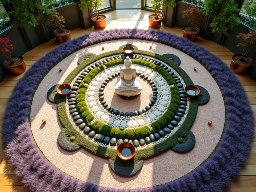 Aerial View of Indoor Meditation Mandala Garden - Aerial perspective of a stunning circular indoor meditation garden photographed with a 16-35mm lens at f/2.8, ISO 400. A serene white Buddha statue sits at the center of an intricate living mandala pattern. Concentric circles radiate outward, featuring alternating rings of purple lavender, white pebbles, emerald moss, and black polished stones. Eight lotus-inspired pathways extend from the center, created with pale pink gravel. Copper meditation bowls mark the cardinal points. Soft morning light streams through skylights, casting gentle shadows across the sacred geometry. Small water features create subtle reflections within the design. Miniature Japanese maples in copper planters anchor the corners of the space, their red foliage adding depth and dimension.