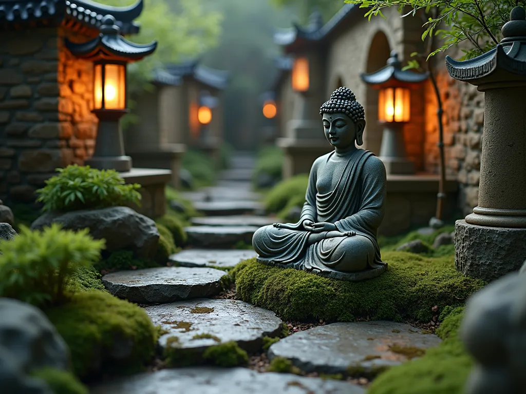 Ancient Temple Buddha Garden - A serene indoor ancient temple garden featuring a weathered stone Buddha statue as the centerpiece, photographed at dusk with ambient lighting. The statue sits atop moss-covered stone steps, surrounded by miniature architectural elements resembling ancient Asian temples. Patinated copper lanterns cast a warm glow, while small stone pagodas and worn stone pathways create depth. Natural stone walls with trailing moss frame the scene, complemented by carefully placed dwarf Japanese maples and small bamboo plants. Shot with a wide-angle lens capturing the entire atmospheric scene, with selective focus on the Buddha statue. The lighting creates dramatic shadows and highlights the aged textures of the stone and copper elements, while mist adds a mystical quality.