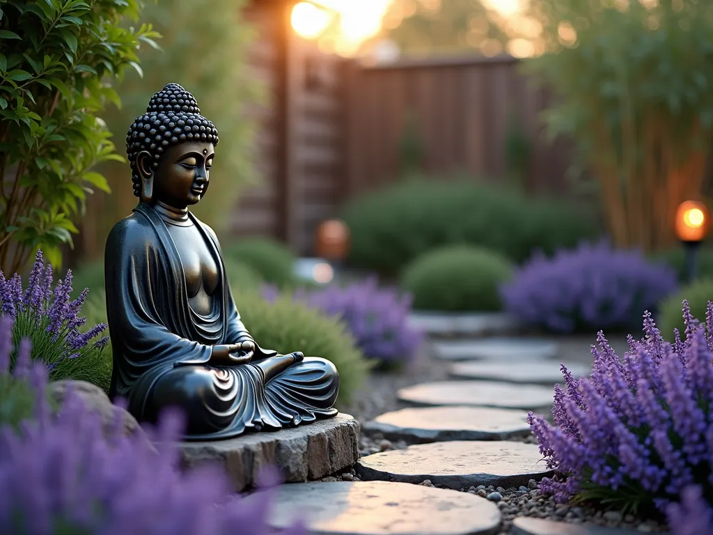 Aromatic Zen Buddha Garden at Dusk - A serene DSLR wide-angle shot of an intimate garden corner at dusk, featuring a weathered bronze Buddha statue as the centerpiece, surrounded by cascading purple lavender bushes and climbing jasmine vines. Soft LED landscape lighting illuminates the scene, creating gentle shadows. Natural stone pavers lead to the meditation area, where strategically placed ceramic diffusers, crafted to look like river rocks, emit gentle wisps of aromatic mist. Lemongrass clumps sway gently in the background, their silver-green blades catching the last rays of sunlight. The composition includes a small bamboo water feature and scattered copper lanterns. Shot with shallow depth of field highlighting the Buddha's serene expression, with the fragrant garden elements creating a dreamy bokeh effect in the background. The atmosphere is mystical with visible aromatherapy mist catching the warm evening light.