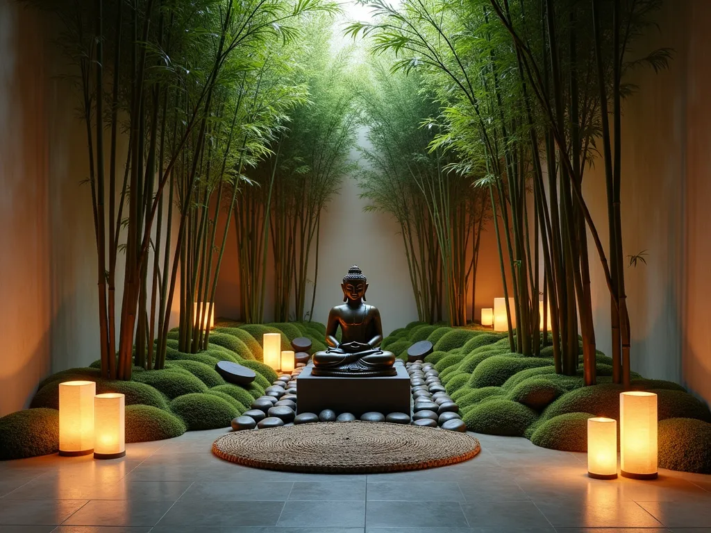 Serene Indoor Bamboo Meditation Sanctuary - A stunning indoor meditation corner with a dramatic wide-angle view of tall, elegant bamboo plants arranged in a gentle curve, creating a natural forest-like enclosure. At the center, a weathered bronze Buddha statue sits serenely on a raised dark stone platform surrounded by concentric circles of smooth river rocks and emerald moss. Warm LED uplights cast ethereal shadows of bamboo leaves on the neutral-toned walls, while scattered paper lanterns provide soft ambient lighting. The space features a simple meditation cushion on a natural fiber mat, with wisps of incense smoke adding atmosphere. The evening lighting creates a mystical, tranquil atmosphere perfect for meditation and reflection.