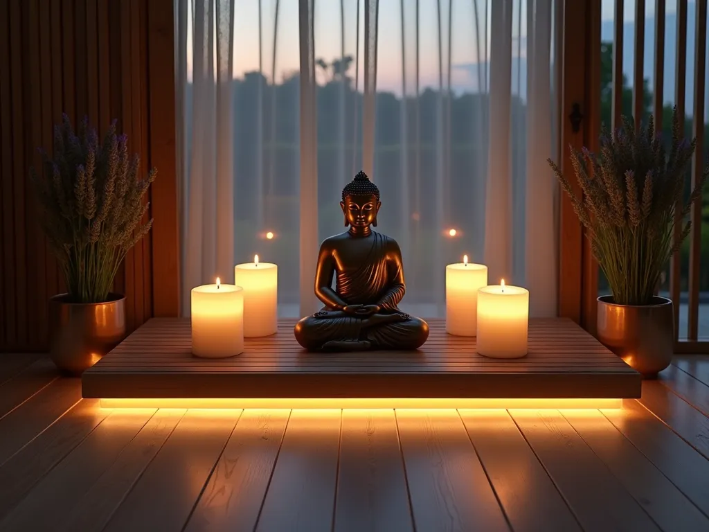 Elevated Zen Meditation Platform at Dusk - A serene evening photography of an elevated wooden meditation platform in a minimalist indoor garden space. A peaceful bronze Buddha statue sits centered on the platform, illuminated by a harmonious arrangement of white pillar candles of varying heights. Warm LED strip lighting emanates a soft glow from beneath the platform's edges, creating atmospheric shadows. Small copper planters containing fresh lavender and sage frame the corners of the platform, their subtle fragrance adding to the peaceful ambiance. Shot at dusk with natural light filtering through sheer curtains, creating a dreamy, ethereal quality. The platform's dark teak wood contrasts beautifully with the warm candlelight, photographed using a wide-angle perspective to capture the entire meditation space while maintaining intimate details. 16-35mm lens, f/2.8, ISO 400, capturing the interplay of natural and artificial light.