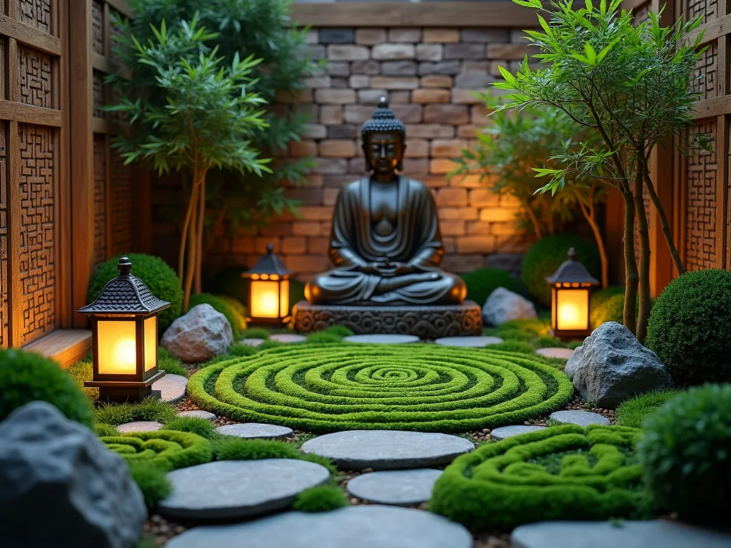 Celtic-Buddhist Fusion Garden Sanctuary - A mesmerizing twilight scene of an intimate indoor garden corner featuring a serene bronze Buddha statue as the focal point, surrounded by an intricate Celtic knot pattern created with low-growing Irish moss and miniature boxwood. The garden is set against a natural stone wall with Eastern-inspired wooden lattice screens. Celtic spirals are echoed in carefully pruned topiary, while Japanese maple and Irish bells create a harmonious canopy. Stone lanterns cast a warm glow, illuminating the space where Celtic trinity knots are recreated in carefully arranged river stones. Bells of Ireland and bamboo create vertical interest, while a small meditation cushion rests on weathered flagstone. The scene is captured from a 45-degree angle, emphasizing the blending of Eastern tranquility with Celtic mysticism.