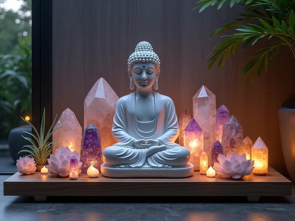 Crystal Buddha Garden Sanctuary at Dusk - A serene indoor Buddha garden sanctuary photographed at dusk with a DSLR camera. A polished wooden raised platform features a serene white marble Buddha statue as the centerpiece, surrounded by clusters of large amethyst, clear quartz, and rose quartz crystals. Small desert rose succulents and Tillandsia air plants nestle between the crystals. Warm LED uplighting creates a magical glow, making the crystals sparkle and cast ethereal shadows. The platform is elevated against a dark textured wall, with gentle mist adding atmosphere. Shot from a 45-degree angle to capture depth and dimensionality, with selective focus on the Buddha's peaceful expression and the crystal formations. 8K resolution, photorealistic, architectural lighting, mystical atmosphere