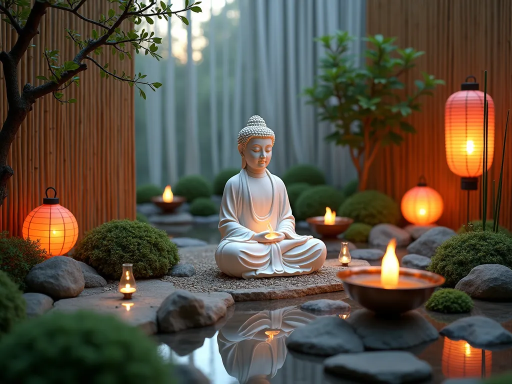 Elemental Buddha Garden Sanctuary - A stunning dusk photograph of a peaceful indoor Zen garden, shot at f/2.8 with soft natural light filtering through sheer curtains. A serene white marble Buddha statue serves as the centerpiece, surrounded by four distinct quadrants representing the elements. The earth section features moss gardens and smooth river rocks; the air section displays delicate air plants suspended in glass orbs; the water section includes a small cascading copper fountain with gentle ripples; and the fire section showcases a modern copper fire bowl with gentle flames. Low-voltage landscape lighting creates dramatic shadows, while bamboo screens provide a natural backdrop. Photographed with a wide-angle 16mm perspective to capture the complete harmonious arrangement, with shallow depth of field highlighting the Buddha statue. Chinese lanterns emit a warm glow, creating a mystical atmosphere where the elements seamlessly blend.