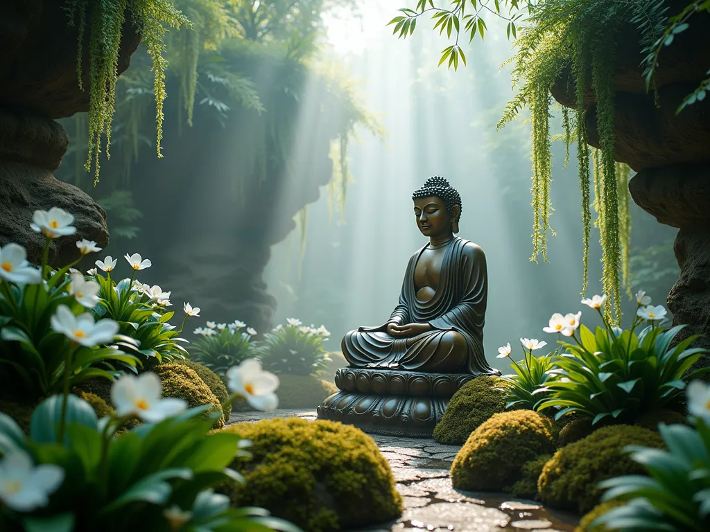 Ethereal Cloud Forest Buddha Garden - A mesmerizing DSLR wide-angle shot of an indoor cloud forest garden at dawn, where gentle mist swirls around a serene bronze Buddha statue. White flowering orchids, peace lilies, and delicate ferns cascade from natural stone formations, creating layers of lush greenery. Soft, diffused morning light filters through the mist, casting an ethereal glow. Hidden foggers create a mysterious atmosphere, while moss-covered rocks and white flowering jasmine create a dreamy ground cover. The composition captures the interplay of light, mist, and vegetation, with the Buddha statue as the tranquil focal point. Shot at f/8, ISO 100, with natural lighting enhancing the mystical ambiance.