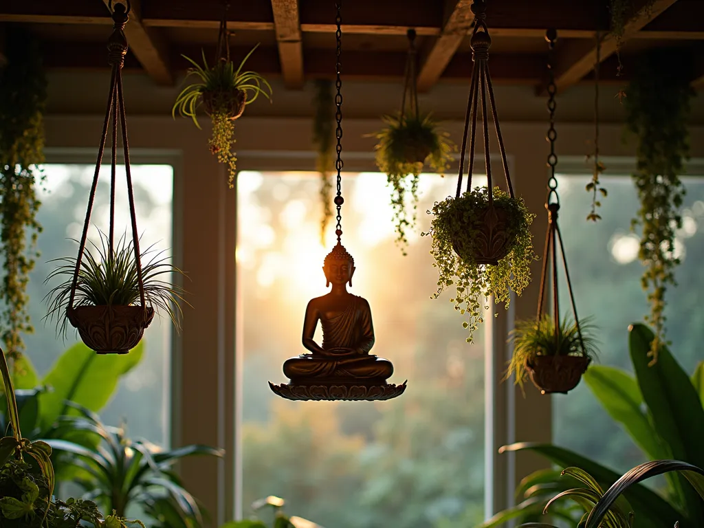 Ethereal Floating Buddha Garden - A serene indoor hanging garden photographed at dusk with soft, diffused natural light filtering through large windows. A weathered bronze Buddha statue suspended at eye level by ornate brass chains forms the centerpiece, surrounded by an artistic arrangement of handwoven macramé plant holders in varying lengths. Delicate Tillandsia air plants, cascading String of Pearls, and flowing Japanese Forest Grass create a mystical floating effect. The composition is captured using a wide-angle 16-35mm lens at f/2.8, emphasizing depth and the interplay of light through the suspended elements. Deep shadows and warm ambient lighting create a dramatic, meditative atmosphere, while trailing vines of Pothos and Boston Ferns frame the scene naturally. Mist particles catch the evening light, adding an ethereal quality to the space. High wooden beam ceilings visible in the background add architectural interest and vertical dimension.