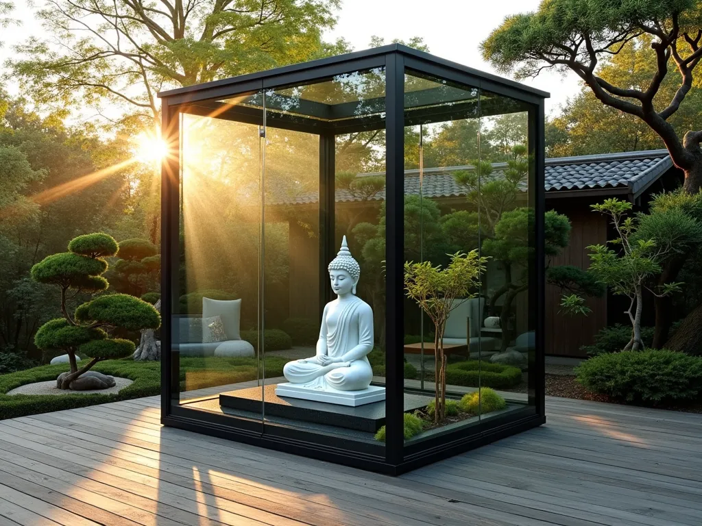 Glass Enclosed Buddha Meditation Sanctuary - A stunning modernist glass cube meditation space on a wooden deck, bathed in golden hour sunlight. Inside, a serene white marble Buddha statue sits in lotus position on a black stone platform, surrounded by meticulously pruned bonsai trees, dwarf bamboo, and moss gardens. The crystal-clear glass walls feature subtle geometric ventilation patterns, while UV-protective coating creates a slight blue-green tint. Soft shadows cast intricate patterns through the glass onto the deck, while ambient lighting within creates a warm glow. Shot at f/8 with a wide-angle lens to capture both the intimate details of the zen garden and the surrounding outdoor environment, with shallow depth of field highlighting the Buddha statue as the focal point. Professional DSLR photography with perfect exposure and natural lighting.