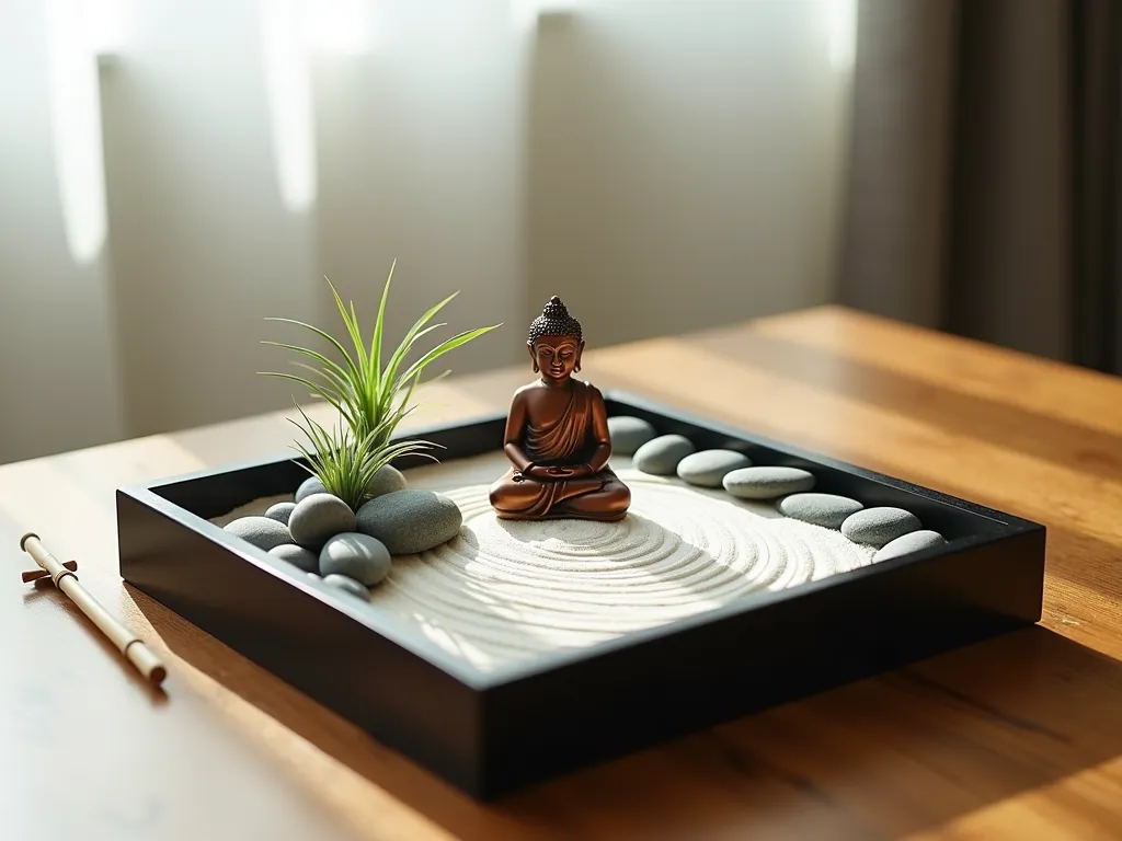 Intimate Desktop Zen Garden with Buddha - Close-up shot of an elegant miniature zen garden on a sleek wooden surface, illuminated by soft morning light streaming through sheer curtains. A serene 4-inch copper-toned Buddha statue sits centered within a rectangular black lacquered tray filled with pristine white sand rippling with precisely raked concentric circles. Small polished river stones in varying shades of gray create an asymmetrical path, while delicate air plants (Tillandsia) nestle between the rocks, adding subtle hints of sage green. A handcrafted bamboo rake rests diagonally across one corner, casting gentle shadows across the sand patterns. Shot with shallow depth of field focusing on the Buddha's peaceful expression, with a beautifully blurred background suggesting a contemplative indoor space. Photography settings: 35mm, f/2.8, ISO 400, creating a dreamy atmosphere with natural light.