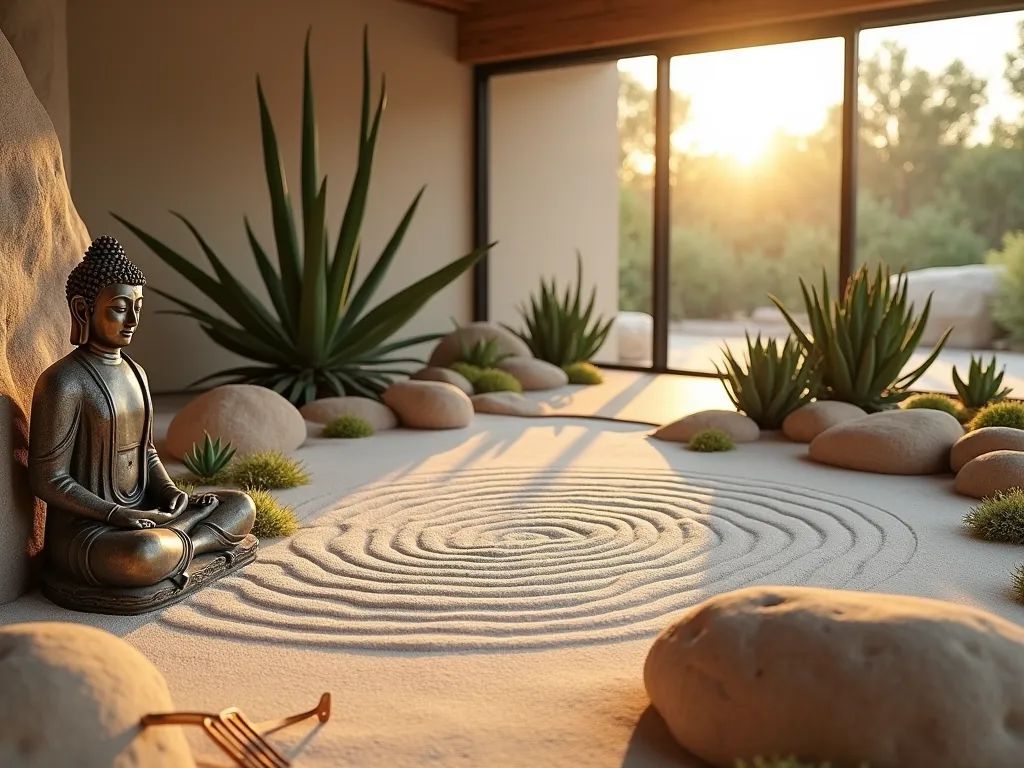 Modern Desert Zen Buddha Garden - A serene indoor desert zen garden at golden hour, featuring a weathered bronze Buddha statue meditating peacefully amidst a meticulously arranged landscape. Dramatic shadows cast by low sunlight through floor-to-ceiling windows illuminate concentric circles in white and terracotta-colored sand. Various heights of barrel cacti, jade plants, and echeveria rosettes create depth around smooth river rocks and desert boulders. Shot with a wide-angle lens at f/2.8, capturing the entire minimalist composition with soft bokeh effect. The space features light bamboo wood flooring and white walls, creating a calm, meditative atmosphere. A small copper sand rake rests against a large piece of natural sandstone, suggesting active meditation practice. Photography style: architectural interior with natural lighting, 16-35mm lens, ISO 400.