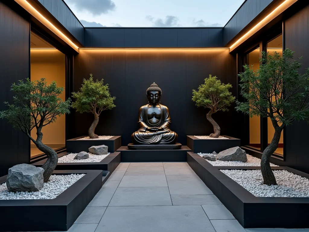 Contemporary Zen Buddha Garden with Geometric Elements - A striking modern indoor garden space photographed at dusk with soft ambient lighting. A sleek, minimalist bronze Buddha statue sits centered against a dark charcoal accent wall. Surrounding the statue are matte black cubic planters arranged in a precise geometric pattern, containing structured bamboo shoots and carefully pruned bonsai trees. Angular white limestone rocks create a modern interpretation of a zen garden, while integrated LED strip lighting casts dramatic shadows across the geometric patterns. The space is photographed from a medium-wide angle to showcase the intentional symmetry and clean lines. Shot with shallow depth of field highlighting the Buddha's serene expression while the geometric elements create leading lines in the background. 16-35mm lens at f/2.8, ISO 400 captures the moody lighting perfectly.