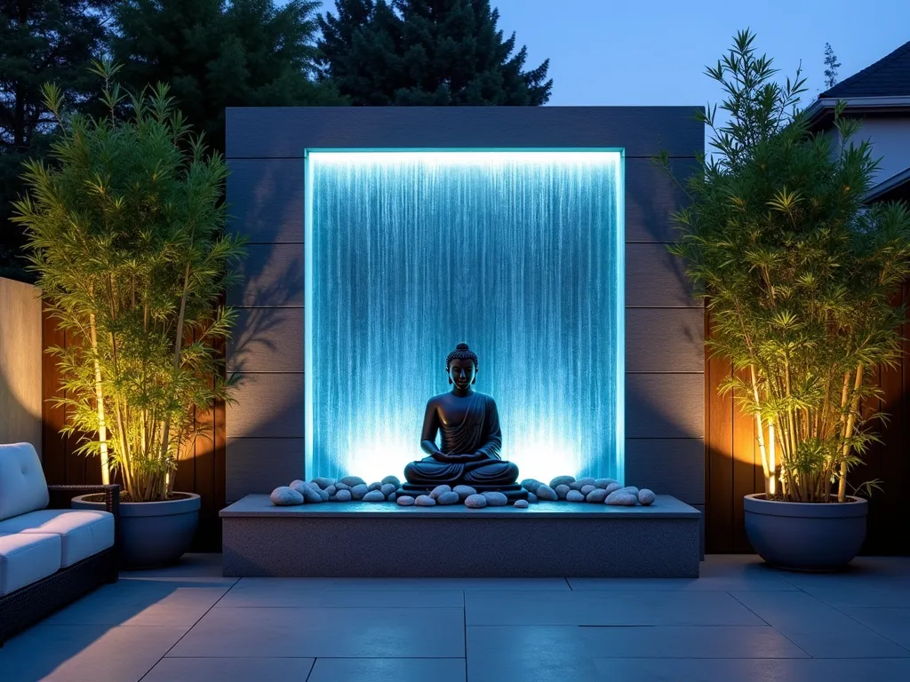 Modern Zen Buddha Water Wall - A stunning dusk scene of a contemporary indoor-outdoor living space featuring a dramatic 8-foot tall illuminated glass water wall with a serene bronze Buddha statue centered within the cascading water. Soft blue LED lighting creates a ethereal glow behind the flowing water, while natural stone tiles frame the installation. Potted bamboo plants flank both sides, casting gentle shadows on the textured wall. The water flows into a sleek stone basin lined with smooth river rocks. A modern meditation cushion sits at a perfect viewing distance, while strategic uplighting creates a magical atmosphere as day transitions to evening. Captured in a wide angle to show the complete spatial harmony, with focus on the interplay of light, water, and contemplative design elements.