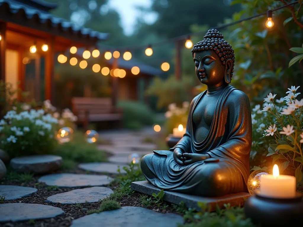 Moonlit Buddha Meditation Garden - A serene nighttime garden scene captured with a wide-angle lens, featuring a weathered bronze Buddha statue as the focal point, surrounded by ethereal white moonflowers and night-blooming jasmine in full bloom. Soft, warm LED landscape lights illuminate the space from below, creating gentle shadows and highlighting the statue's peaceful expression. Crystal gazing balls and small metallic wind chimes reflect the moonlight, while a natural stone path leads to the meditation area. Shot at dusk with a dreamy atmosphere, mist hovering near the ground, and delicate fairy lights strung overhead between wooden posts. The composition includes a small wooden meditation bench and metallic lanterns with flickering candles, all captured with shallow depth of field for a mystical ambiance. The 16-35mm lens at f/2.8 creates beautiful bokeh effects with the lighting elements.