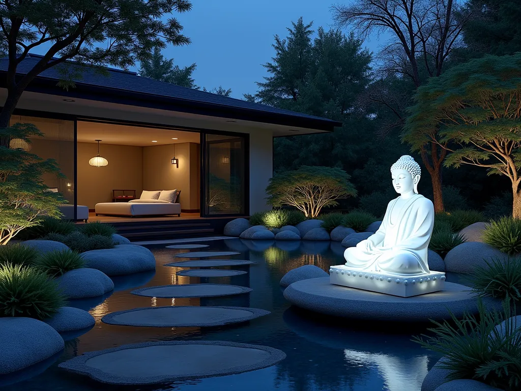 Ethereal Moonlit Buddha Garden - A serene nighttime Zen garden photographed with a wide-angle DSLR lens at f/8, featuring a luminous white marble Buddha statue as the focal point, softly illuminated by strategic cool-white LED uplighting. Silver-leafed Artemisia and Japanese painted ferns create an ethereal glow in the moonlight, while carefully placed mirrors multiply the peaceful scene. Small pools of water reflect the ambient light, creating dancing patterns across smooth river stones. Japanese maple branches frame the composition, their delicate leaves silhouetted against the deep blue night sky. The garden is set within a contemporary indoor-outdoor space with glass walls, allowing the boundary between interior and exterior to blur beautifully.