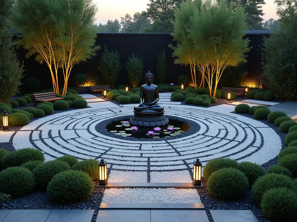 Sacred Geometry Buddha Garden - A stunning dusk scene of a geometric zen garden featuring a serene bronze Buddha statue as the centerpiece, surrounded by concentric circles of white pebbles and dark river rocks forming the Flower of Life pattern. Perfectly manicured dwarf bamboo and Japanese forest grass create living geometric patterns. Stone pathways spiral outward in the Fibonacci sequence, lined with softly glowing lanterns. Low-growing succulents arranged in mandala patterns add organic sacred geometry. Purple and white lotus flowers float in a small triangular pond that reflects the golden hour sky. Minimalist wooden benches follow the garden's mathematical flow. Ultra-realistic, architectural photography style, soft evening lighting with subtle landscape illumination, wide-angle perspective capturing the complete sacred geometric layout.