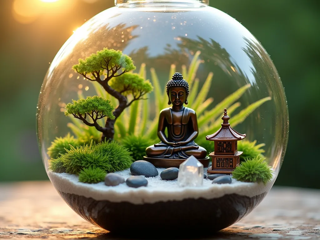 Serene Glass Terrarium Buddha Garden - Close-up shot of an elegant glass terrarium in soft evening light, featuring a small bronze Buddha statue seated in peaceful meditation at its center. The Buddha is surrounded by lush green cushion moss, delicate ferns, and miniature bonsai trees. A tiny copper pagoda nestles among the foliage, while clear quartz crystals emerge from layers of white sand, dark soil, and river pebbles. Captured with shallow depth of field highlighting the intricate details and creating a dreamy atmosphere. Dew drops on the glass create a magical effect as golden hour light filters through, casting gentle shadows and highlighting the peaceful expression of the Buddha statue. Shot with a 16-35mm lens at f/2.8, ISO 400, emphasizing the intimate and tranquil nature of this miniature Zen paradise.