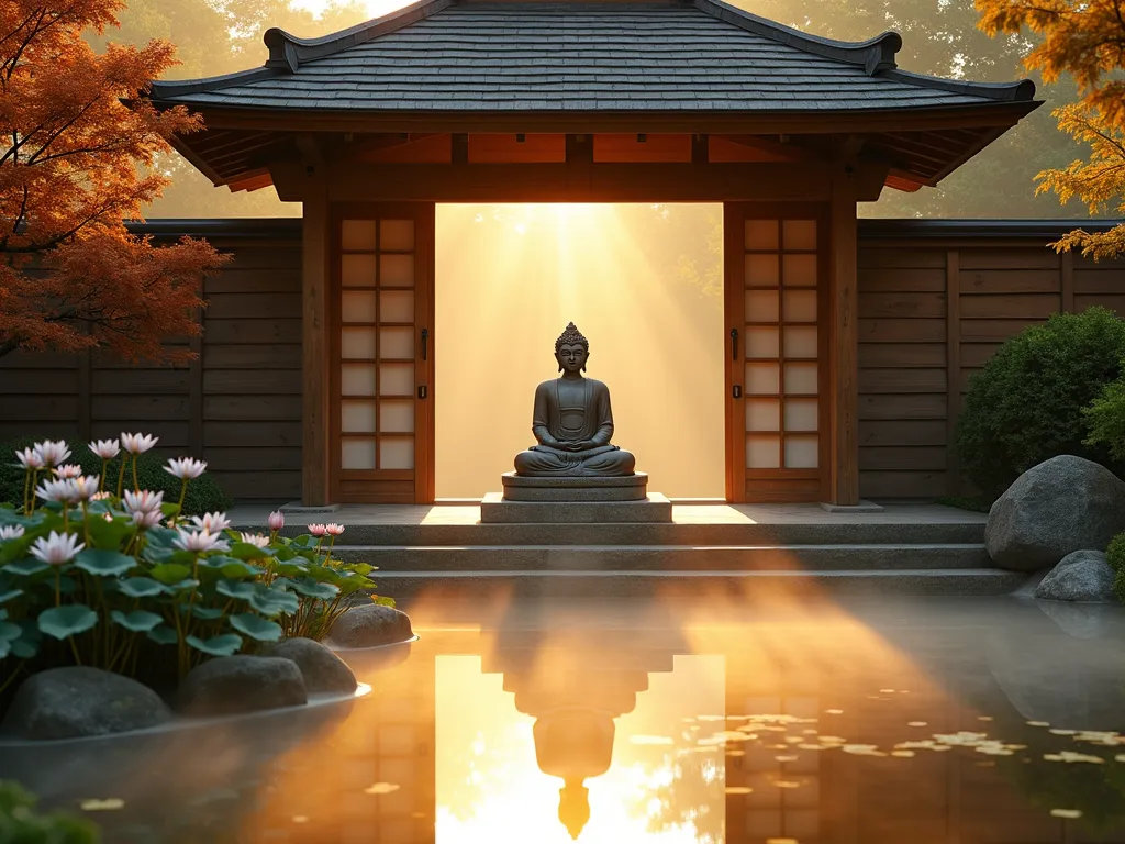 Sunrise Buddha Garden Pavilion - A serene Japanese-inspired wooden pavilion photographed at dawn, golden sunlight streaming through its eastern-facing opening. Inside, a peaceful stone Buddha statue sits in meditation pose on an elevated platform. The pavilion is surrounded by morning-blooming lotus flowers, Japanese forest grass with golden highlights, and dwarf Japanese maples with amber leaves. Soft morning mist hovers over a small reflection pond in the foreground. Shot with a wide-angle perspective capturing both the pavilion's architectural detail and its reflection in the water. The scene is captured with warm, golden hour lighting creating long shadows and highlighting the pavilion's wooden texture. 16-35mm lens, f/2.8, ISO 400, morning golden hour photography.