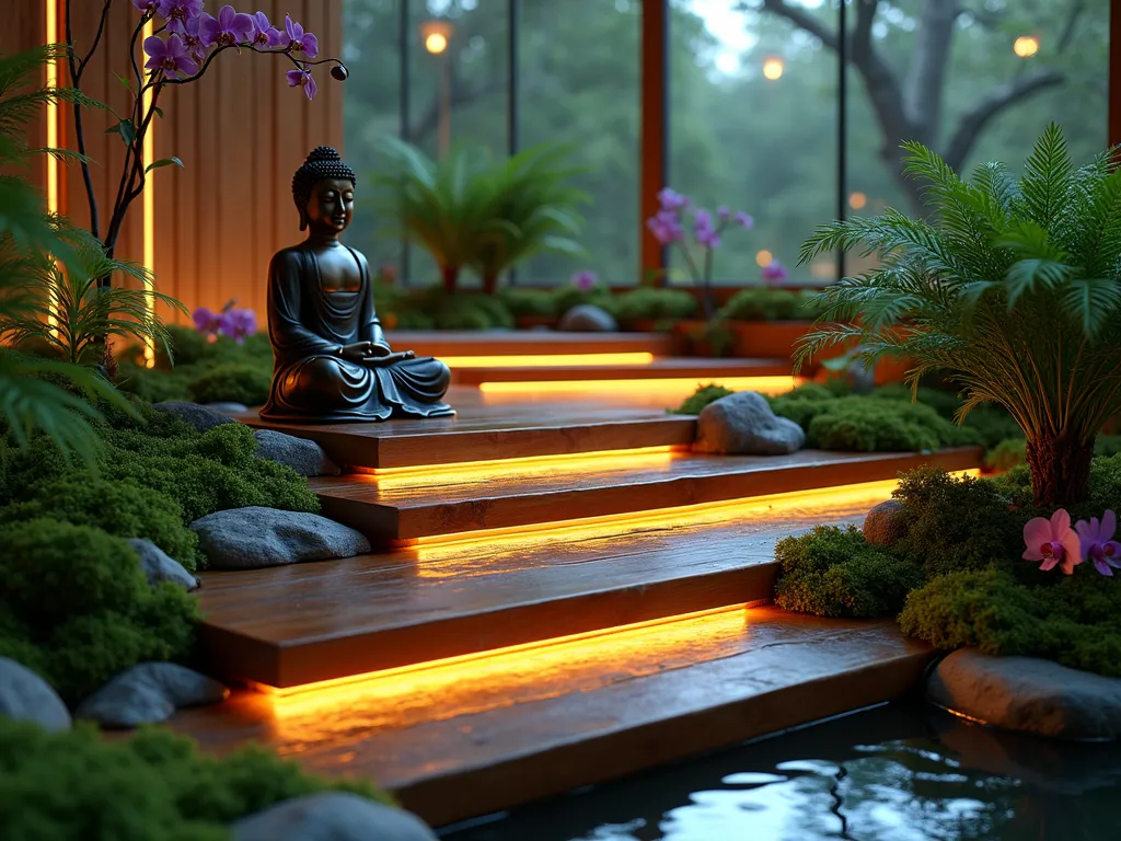 Terraced Rainforest Buddha Sanctuary - A mesmerizing indoor zen garden photographed at dusk with soft ambient lighting, featuring three ascending wooden platforms crafted from rich teak wood. The platforms create a dramatic terraced effect, connected by small stone steps. At the highest level, a serene bronze Buddha statue sits in meditation pose, backlit by warm LED strips. Lush Boston ferns and delicate purple orchids cascade between levels, while emerald moss carpets the wooden surfaces. Fine water droplets from a subtle misting system catch the light, creating an ethereal rainforest atmosphere. Shot with a wide-angle lens at f/2.8, capturing the entire scene with a dreamy bokeh effect in the background. The space is enclosed by glass walls reflecting the evening light, creating an infinity effect with the tropical vegetation. Hyperrealistic photography, dramatic atmospheric lighting, architectural composition.