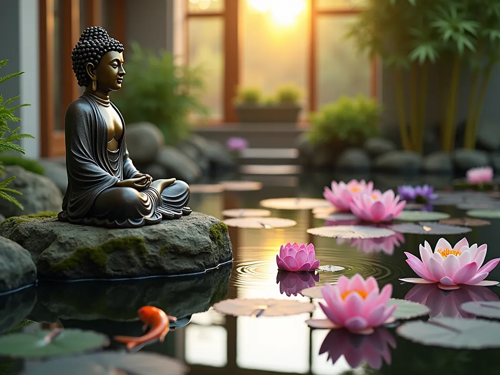 Tranquil Indoor Buddha Lotus Pond - Stunning indoor lotus pond photographed during golden hour, featuring a serene bronze Buddha statue seated in meditation pose on a raised natural stone platform. The statue overlooks a crystal-clear pond filled with blooming pink and white lotus flowers and purple water lilies. Gentle ripples from a concealed recirculating pump create mesmerizing water patterns, while three orange and white koi fish gracefully swim beneath the floating blooms. Soft natural light streams through nearby windows, casting warm highlights on the Buddha's peaceful expression. Shot at eye-level with a wide-angle perspective to capture the entire scene's harmony, with selective focus on the Buddha statue. The composition includes moss-covered rocks around the pond's edge and small bamboo plants in the background, creating depth and tranquility. f/2.8, ISO 400, dramatic depth of field.