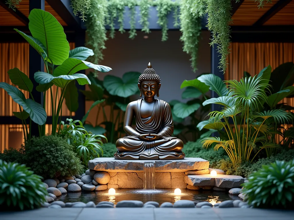 Tropical Buddha Garden Sanctuary - A serene indoor garden scene at twilight featuring a majestic bronze Buddha statue sitting on a raised natural stone platform, surrounded by lush tropical foliage. Large monstera leaves frame the left side while cascading peace lilies and bird's nest ferns create layers of green texture on the right. Soft, warm LED uplighting illuminates the Buddha from below, casting gentle shadows on the foliage. A stone water feature with gentle mist rises from decorative rocks, creating a mystical atmosphere. The space is styled with natural bamboo screens and dark wooden elements, while hanging plants create depth above. The perspective is a medium-wide angle shot that captures the entire peaceful setting with subtle depth of field