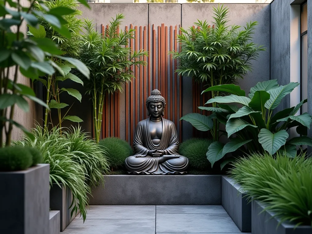 Modern Urban Buddha Garden Retreat - A close-up shot of a serene urban garden space featuring a weathered bronze Buddha statue as the focal point, surrounded by lush monstera deliciosa, bamboo, and peace lilies. Contemporary dark gray concrete planters of varying heights create depth, while copper metalwork trellises add industrial charm. Soft evening lighting filters through the dense foliage, casting gentle shadows on the textured concrete wall behind. Japanese forest grass and trailing pothos soften the industrial elements, creating a harmonious blend of urban and natural elements. The space suggests an intimate balcony or small patio setting with a minimalist zen aesthetic.