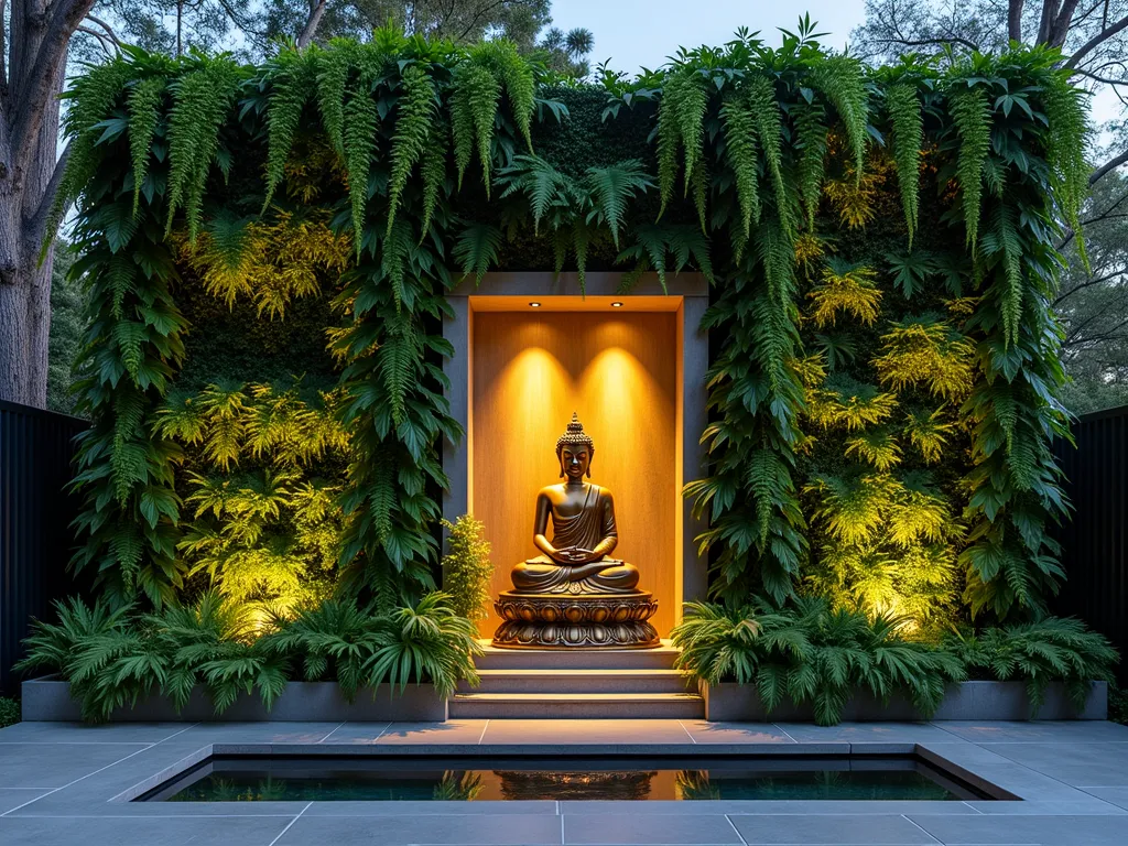 Vertical Buddha Living Wall Sanctuary - A stunning vertical living wall installation photographed at dusk with soft ambient lighting. An ornate brass Buddha statue sits serenely in a central illuminated niche, surrounded by cascading Boston ferns, English ivy, pothos, and maidenhair ferns creating a lush green tapestry. Shot at f/2.8 with a 16-35mm lens, capturing the full height of the 12-foot wall while subtle built-in irrigation channels glisten. Warm LED spotlights create a ethereal glow around the Buddha, while smaller accent lights highlight the trailing plants. The wall features varying depths and textures, with some plants appearing to float in mid-air. The composition includes a small reflection pool at the base, mirroring the peaceful scene.