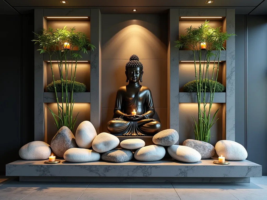 Modern Vertical Zen Rock Garden with Buddha - A stunning twilight close-up shot of a contemporary indoor vertical zen garden wall installation. A serene bronze Buddha statue is mounted at eye level, surrounded by carefully arranged white and gray river rocks embedded in a sleek dark gray wall. Minimalist bamboo plants grow from discrete wall-mounted planters, casting gentle shadows from warm LED accent lighting. Small floating glass shelves hold flickering brass meditation candles and smoking incense, creating a mystical atmosphere. The wall features various depths and textures, with some rocks protruding further than others in an artful arrangement similar to a traditional zen garden pattern. A soft waterfall trickles down one side of the composition, its gentle flow catching the ambient lighting.