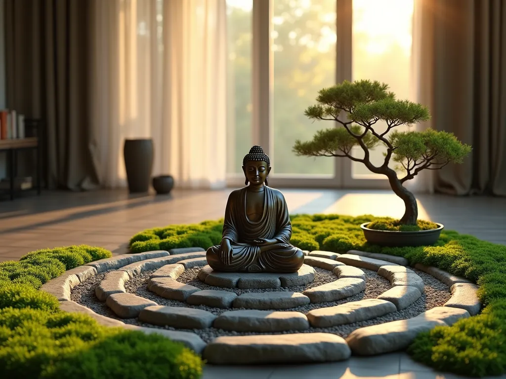 Zen Minimalist Buddha Stone Garden - A serene indoor minimalist garden photographed at golden hour, featuring a weathered bronze Buddha statue as the focal point, centered in a pristine arrangement of smooth river stones in varying shades of grey. The stones ripple outward in concentric circles, creating a meditative pattern. A single, elegantly shaped juniper bonsai tree stands off-center, its silhouette casting gentle shadows. Lush, vibrant green moss carpets the ground between the stones, creating a soft contrast. The scene is captured with a wide-angle perspective, showing the intentional negative space around the composition. Natural light filters through sheer curtains, creating a ethereal atmosphere with soft shadows. Shot with shallow depth of field highlighting the textural details of the stones and moss. 16-35mm lens, f/2.8, ISO 400.