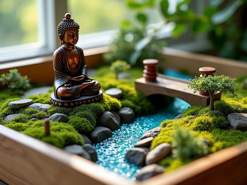 Zen Mountain Stream Buddha Diorama - A close-up shot of an elegant indoor Buddha garden diorama featuring a serene copper Buddha statue sitting atop a moss-covered rocky outcrop, overlooking a winding stream made of shimmering blue glass beads. The multi-level miniature landscape includes dwarf Japanese maple, tiny alpine plants, and delicate moss patches creating a lush green carpet. A small wooden arched bridge crosses the glass bead stream, while miniature stone lanterns dot the landscape. Soft, warm evening light filters through nearby windows, creating gentle shadows and highlighting the peaceful expression of the Buddha statue. The diorama is contained within a handcrafted wooden box with natural edges, perfectly sized for a meditation corner or side table.