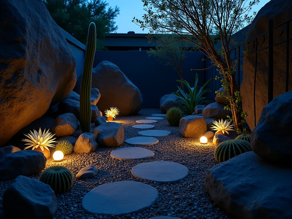 Desert Night Oasis Indoor Rock Garden - A mesmerizing indoor rock garden photographed at night with a 16-35mm lens at f/2.8, ISO 400. Dark volcanic and slate rocks create dramatic shadows while night-blooming cereus and white-flowering succulents emerge from between the stones. Warm LED lights are nestled among the rocks, casting a gentle ethereal glow that illuminates the desert plants from below. Small barrel cacti and echeveria add texture, while strategically placed moonflower vines climb a nearby trellis. The scene is captured from a low angle, emphasizing the mystical atmosphere of the desert at night, with the plants silhouetted against a deep blue-black background.