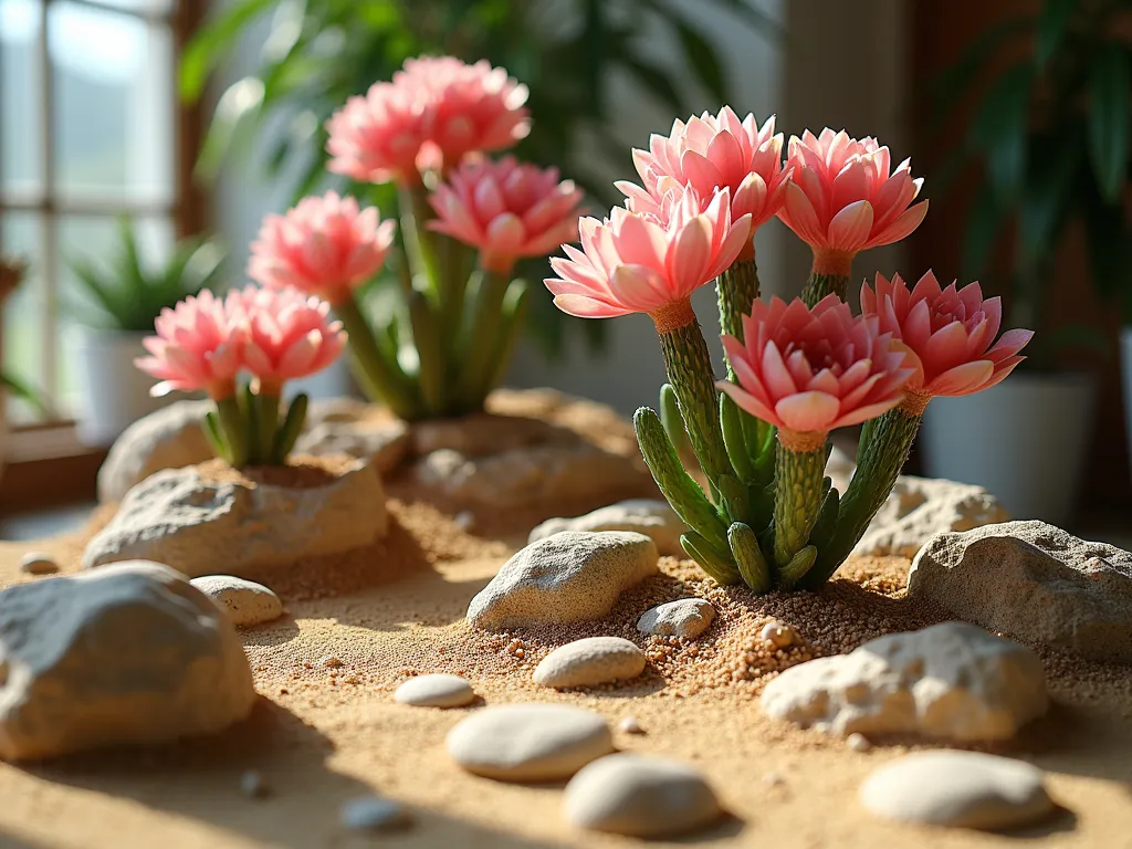 Elegant Desert Rose Indoor Rock Garden - A close-up view of a striking indoor rock garden featuring multiple Adenium obesum (Desert Rose) plants with their distinctive swollen trunks and vibrant pink blooms, artfully arranged among weathered limestone and sandstone rocks. The plants emerge from a bed of golden desert sand, with smaller polished river rocks creating organic pathways. Soft afternoon light streams through nearby windows, casting gentle shadows that highlight the sculptural quality of both the desert roses and rock formations. The composition includes varying heights of rocks and plants, creating a dramatic desert landscape in miniature, with the smooth, pale pink flowers contrasting beautifully against the rugged texture of the rocks.