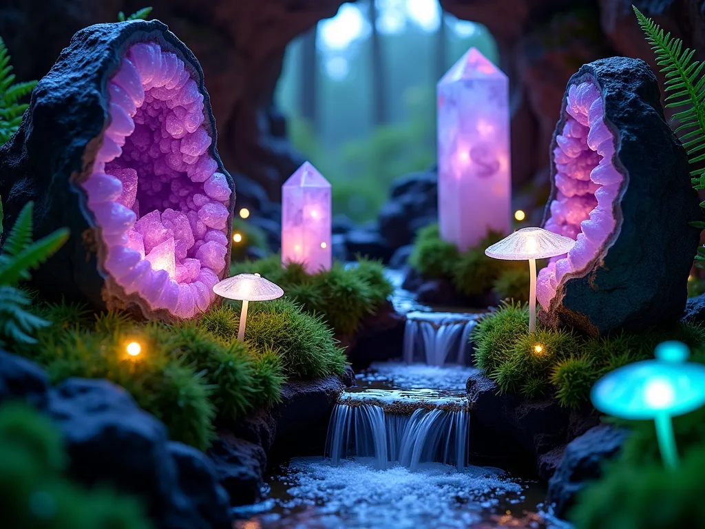 Enchanted Crystal Cave Indoor Garden - A mesmerizing close-up shot of an indoor crystal cave garden at dusk, illuminated by soft ambient lighting. Large purple amethyst geodes and clear quartz crystals create dramatic focal points, while delicate maidenhair ferns and emerald moss cascade over dark volcanic rocks. Tiny LED lights are tucked between the crystals, creating a magical ethereal glow. The composition features a small waterfall trickling down crystal formations, with patches of fluorescent mushrooms adding whimsy. Shot with a 16-35mm lens at f/2.8, capturing the intricate details of water droplets on the moss and the light refracting through the crystal formations, creating rainbow prisms in the moody atmosphere. The scene is photographed from a low angle, emphasizing the cave-like atmosphere and the interplay of light and shadow.