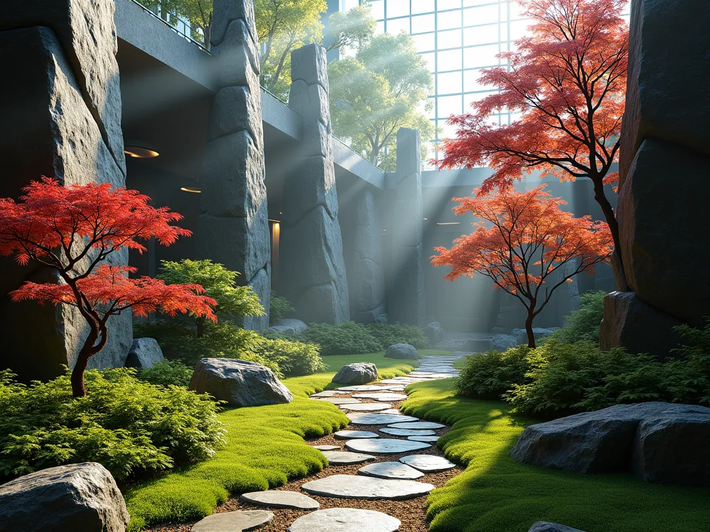 Enchanted Indoor Rock Forest Garden - A mesmerizing indoor rock garden featuring tall, angular granite and basalt columns arranged in a forest-like formation, photographed in soft morning light streaming through nearby windows. Japanese maple trees with delicate red foliage grow between the rocks, while emerald moss and small ferns carpet the ground. The rocks, varying in height from 3 to 6 feet, create dramatic shadows and depth. A natural stone pathway winds through the rock formation, with small LED uplights highlighting the rock textures. Shot with a wide-angle lens at eye level, capturing the full height and scale of the indoor forest composition, with mist lingering near the ground for added atmosphere. DSLR, f/8, ISO 100, 1/125