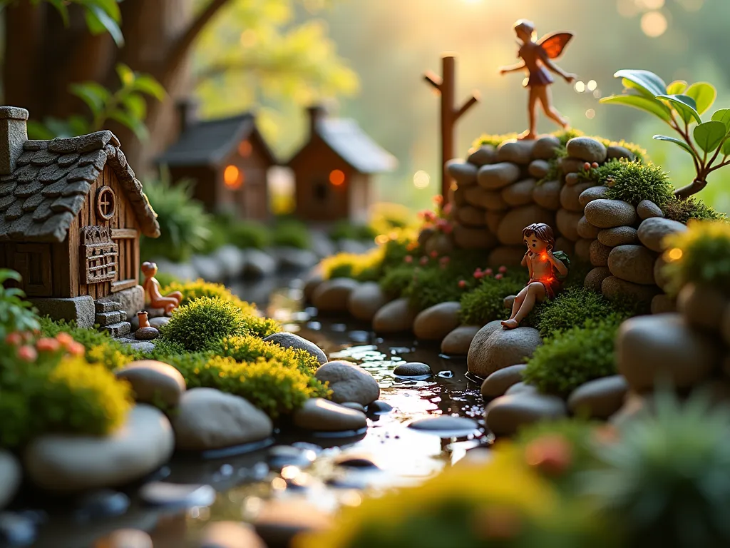 Enchanted Miniature Fairy Rock Garden - A close-up DSLR shot of a whimsical indoor fairy garden, captured during golden hour sunlight streaming through a nearby window. Small, smooth river rocks form intricate miniature walls and winding pathways, adorned with tiny moss patches and delicate baby tears plants. Miniature fairy houses with twinkling LED lights nestle among carefully placed stones, while hand-painted fairy figurines dance near a diminutive stone fountain. Miniature furniture crafted from twigs and bark adds authentic charm, while dwarf plants like Irish moss and miniature ferns create a lush, magical atmosphere. Crystal quartz pieces scatter light throughout the scene, creating an ethereal glow. Shot with a wide-angle lens at f/8, capturing rich detail and depth in the magical miniature landscape.