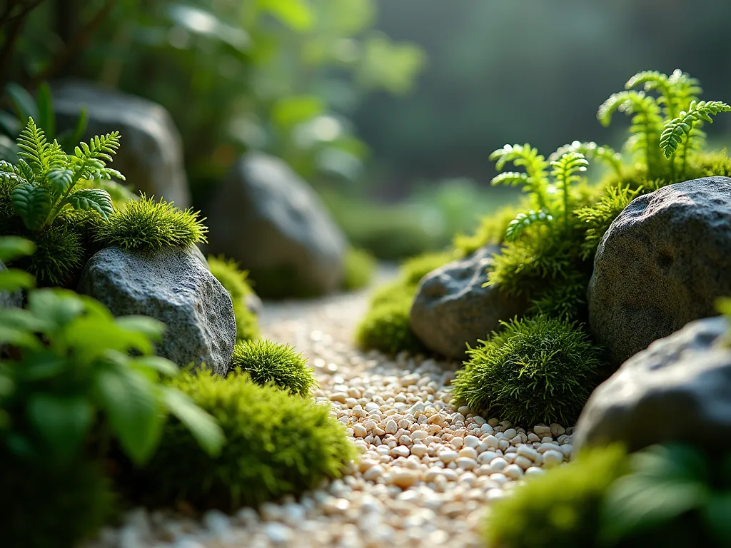 Enchanted Moss Valley Indoor Garden - Close-up view of a magical indoor rock garden featuring a miniature valley landscape. Multiple species of vibrant green moss cascade over weathered gray rocks of varying sizes, creating a lush, naturalistic terrain. Delicate maiden hair ferns and tiny button ferns emerge between the rocks, their fronds adding depth and texture. A winding path made of small white and cream-colored pebbles meanders through the scene, illuminated by soft, diffused natural light filtering from above. Droplets of moisture glisten on the moss, creating a mystical atmosphere. The composition is set against a dark background, emphasizing the ethereal quality of the garden.