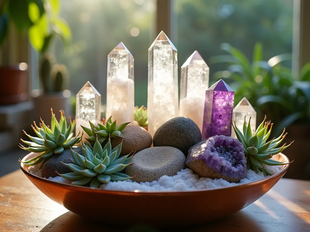 Ethereal Crystal and Succulent Garden Display - Close-up shot of a mesmerizing indoor rock garden featuring large clear quartz crystals and amethyst clusters artfully arranged among smooth river rocks, with delicate air plants (Tillandsia) nestled between them. Small echeveria and haworthia succulents add pops of sage green and blue-green colors. Natural sunlight streams through a nearby window, creating rainbow prisms through the crystals and casting ethereal patterns on the surrounding space. The arrangement is set in a shallow copper vessel with a bed of white sand, photographed at golden hour with a shallow depth of field that captures the sparkling crystal facets in stunning detail. Shot with a 16-35mm lens at f/2.8, ISO 400, creating a dreamy, magical atmosphere.