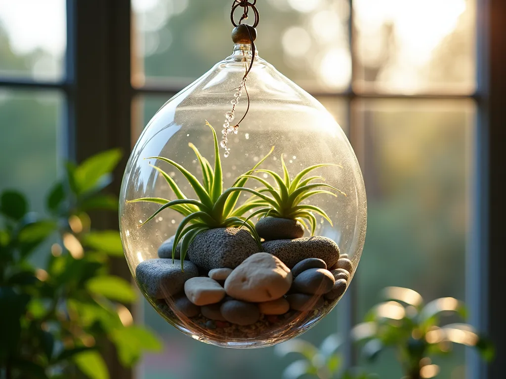 Ethereal Suspended Rock Garden - A close-up DSLR photo of an elegant hanging glass terrarium filled with smooth river rocks and crystals, showcasing cascading Tillandsia air plants and trailing String of Pearls succulents creating a mesmerizing floating garden effect. Soft evening light filters through a modern sunroom's windows, casting gentle shadows through the glass container. The terrarium is suspended from a sophisticated brass chain, with multiple layers of carefully arranged stones creating a zen-like composition. Depth of field highlights the intricate details of the rock formations while small drops of moisture cling to the glass, adding a magical quality to the scene. Shot with a wide-angle lens at f/8, ISO 100, capturing the natural interplay of light and shadow.